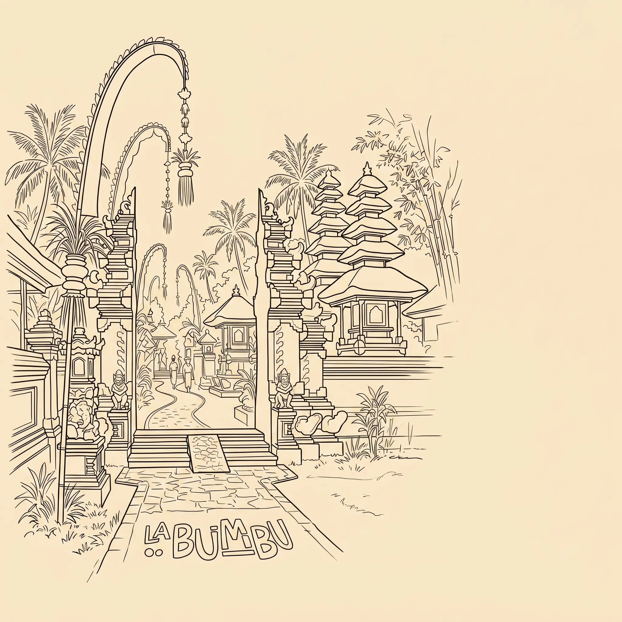 Traditional Balinese Street, hand-drawn sketch